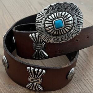 R.L.L RALPH LAUREN Silver Concho Brown Leather Belt with Turquoise Stone.